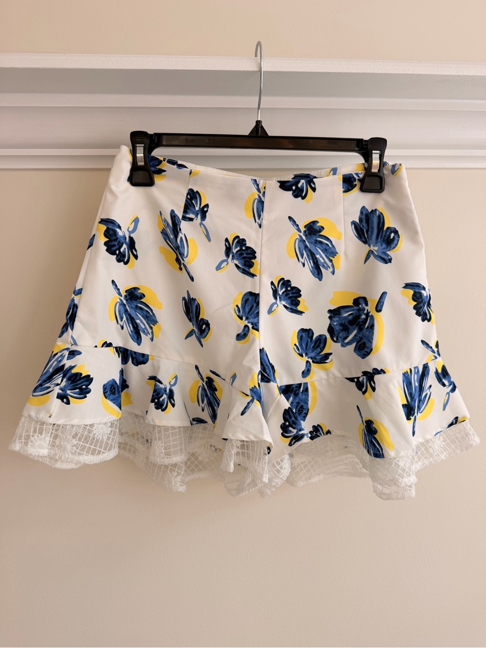 White Floral Mini Shorts  with Blue & Yellow Print